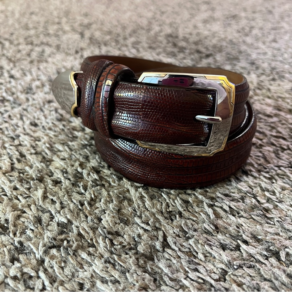 TUTTLE Genuine Leather Snake Skin Belt Gold + Silver Metal 38